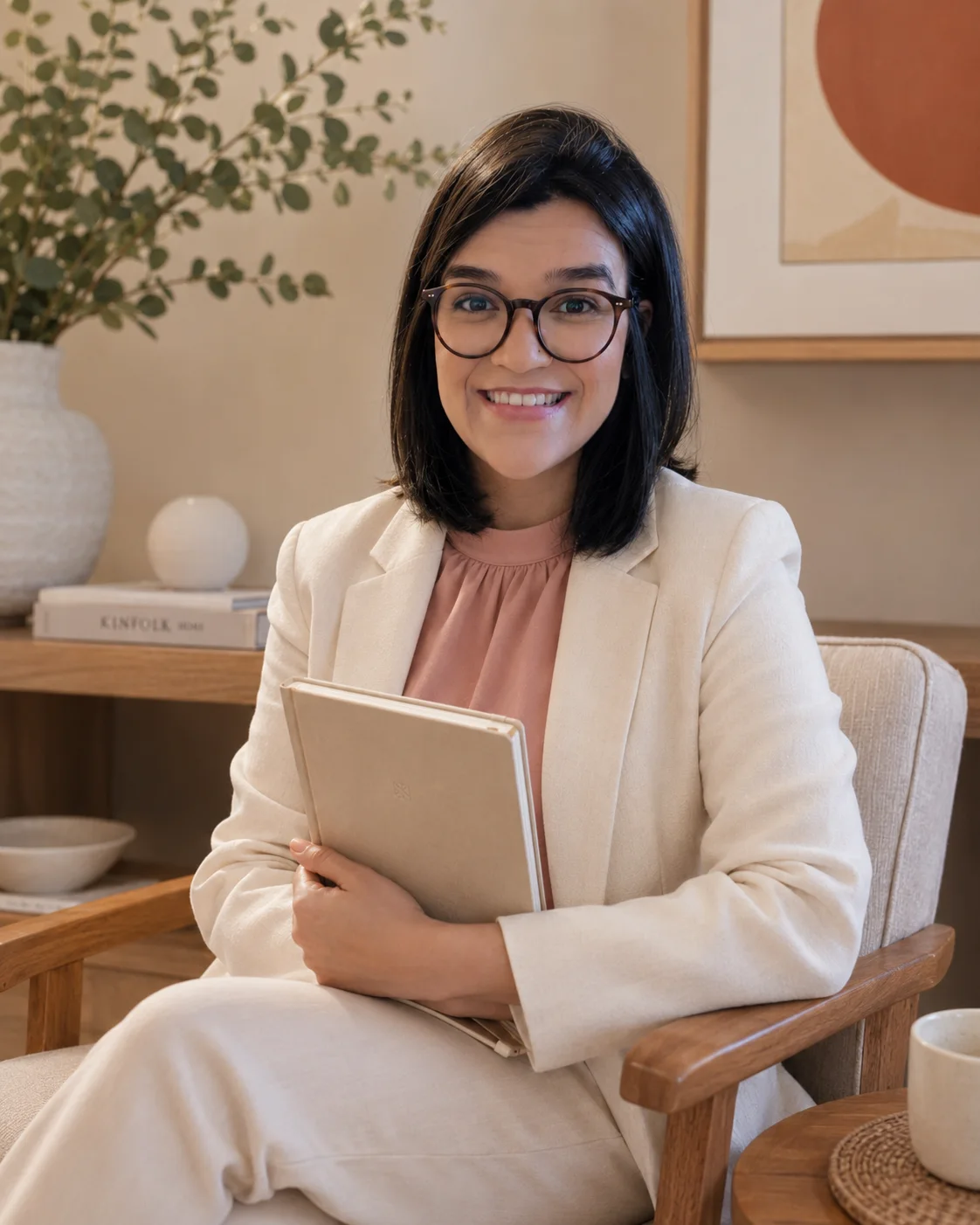 Ariane Pereira, psicóloga clínica, sorrindo em um ambiente acolhedor